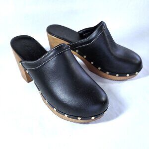 NWOT M. Gemi Gloria Black Leather & Stud Detailing Wood Clogs Size 38